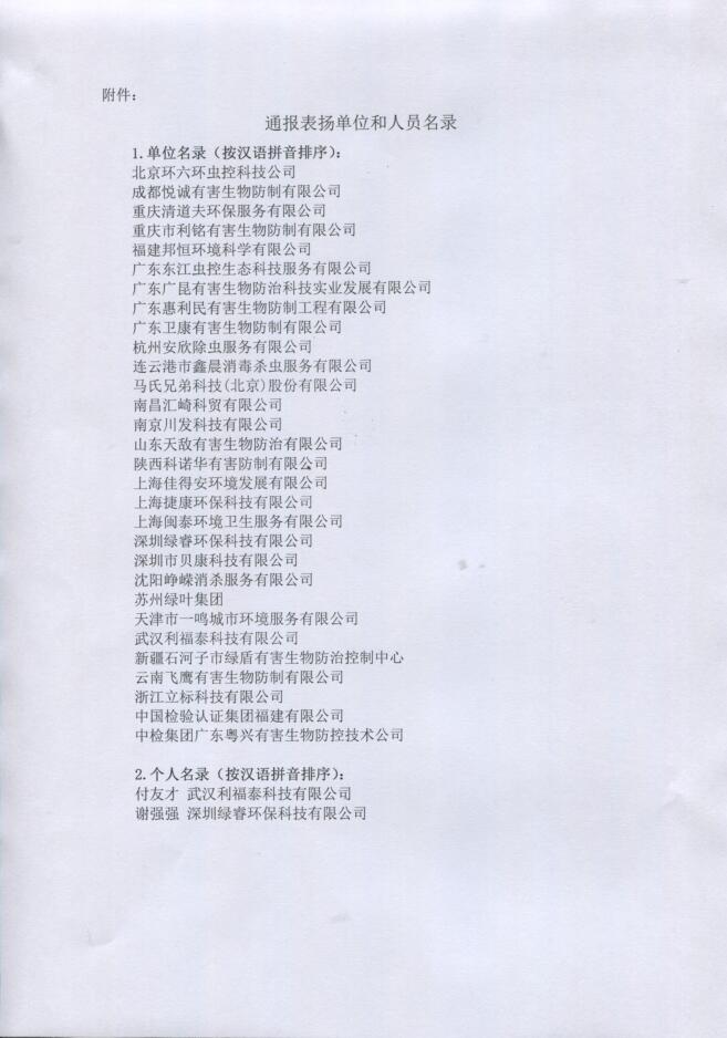 中國衛(wèi)生有害生物防制協(xié)會通報(bào)表揚(yáng)單位